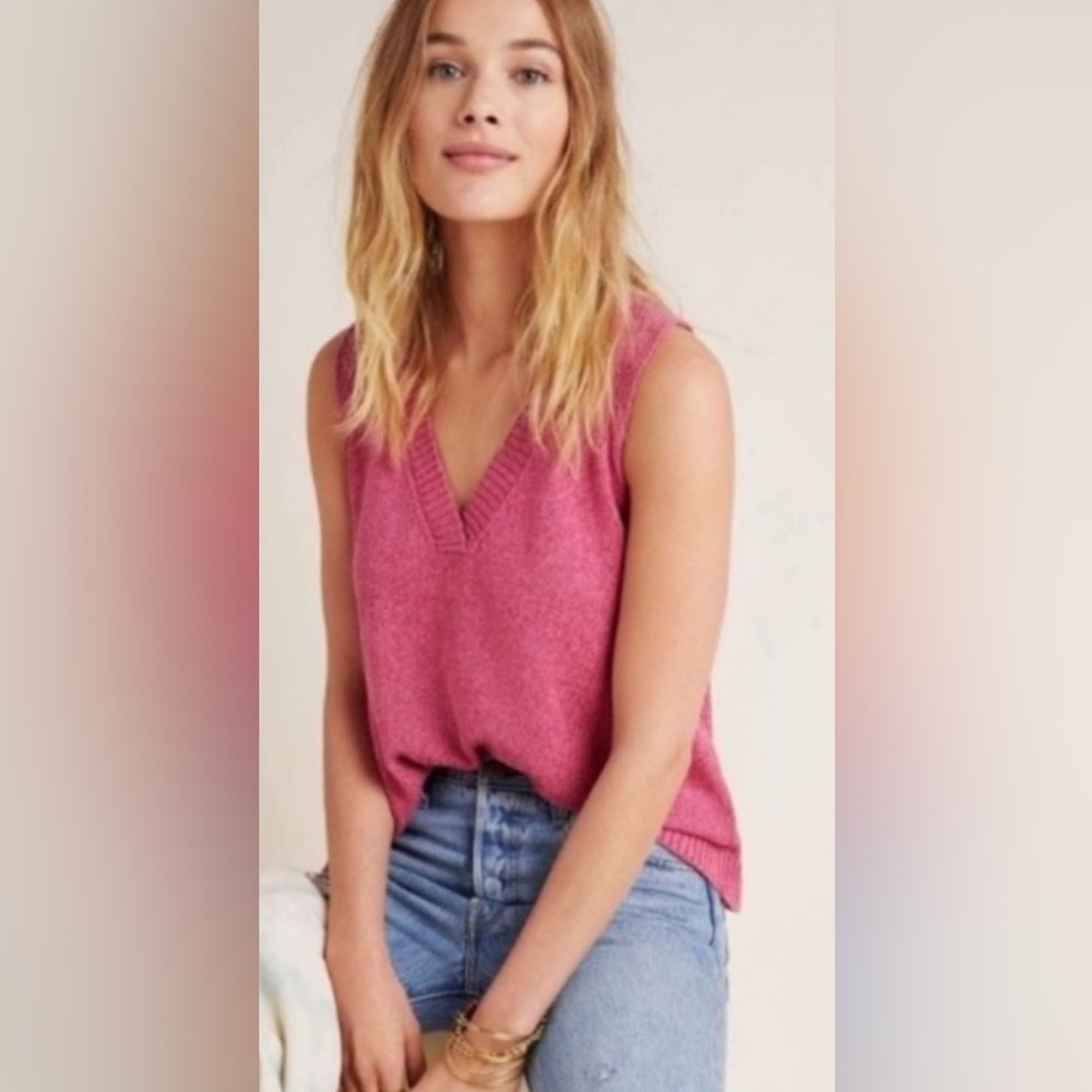 Anthropologie Sleeveless V-Neck Sweater Vest in Raspberry Pink